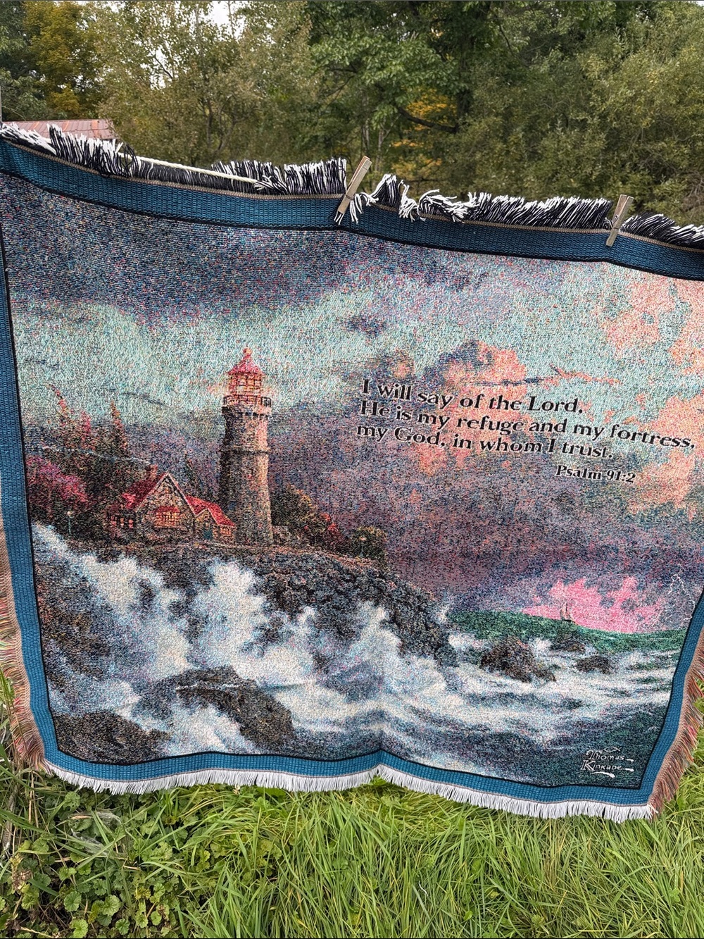 Y2K Woven Tapestry Thomas Kinkade Psalm 91.2 USA Made Ex Cond 90s Throw Hanging